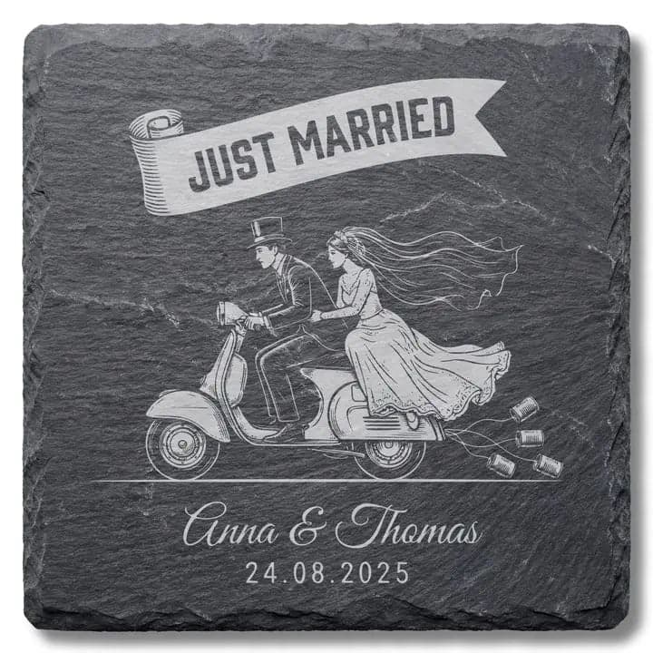 Schieferuntersetzer «Just Married» Vespa – Hochzeit Retro