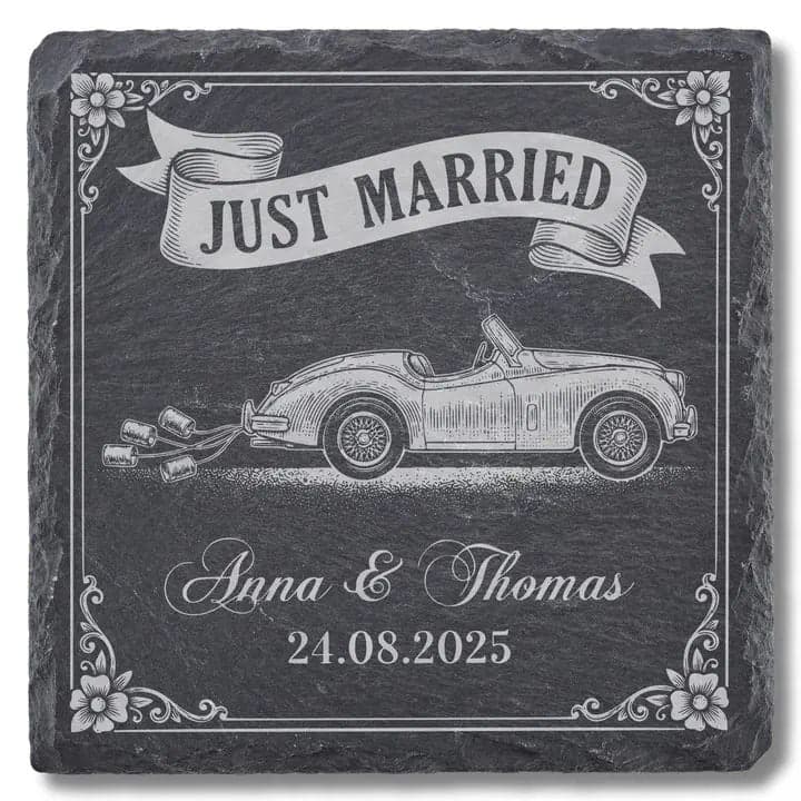 Schieferuntersetzer „Just Married“ Vintage Auto – Hochzeit