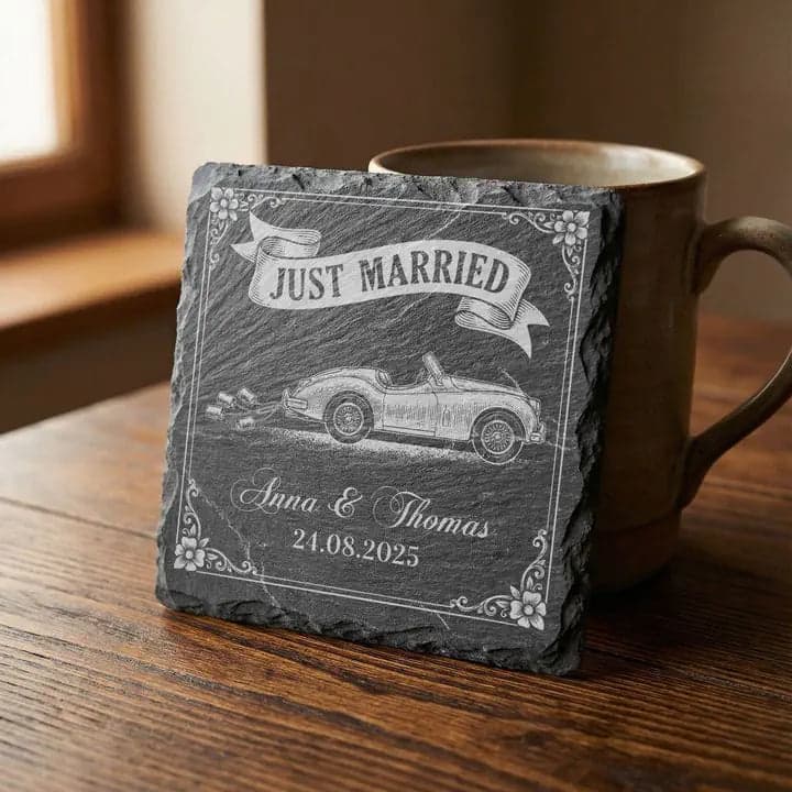Schieferuntersetzer „Just Married“ Vintage Auto – Hochzeit in Verwendung