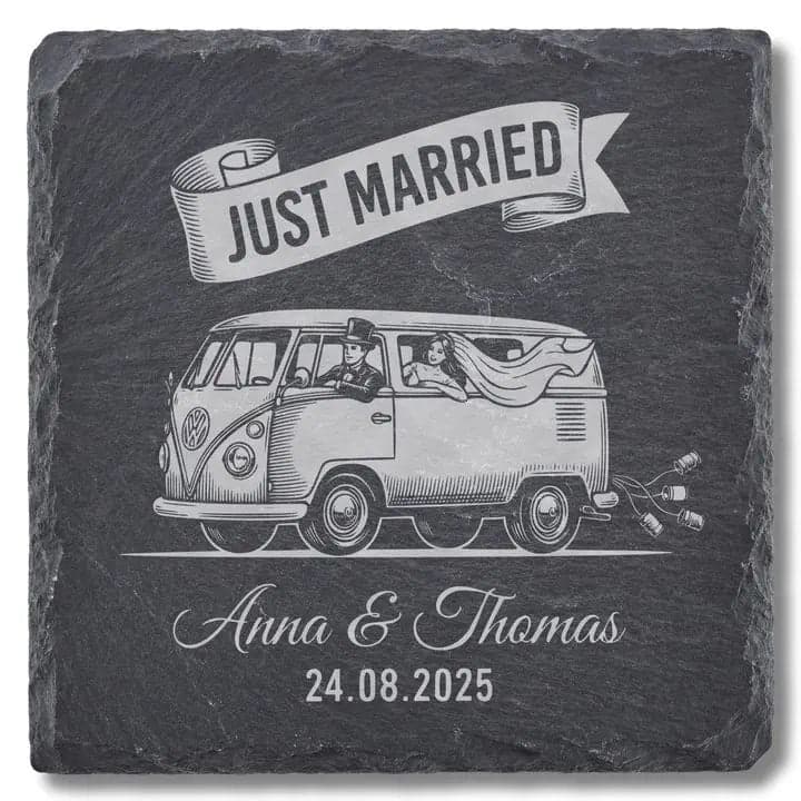 Schieferuntersetzer «Just Married» VW Bulli – Hochzeit