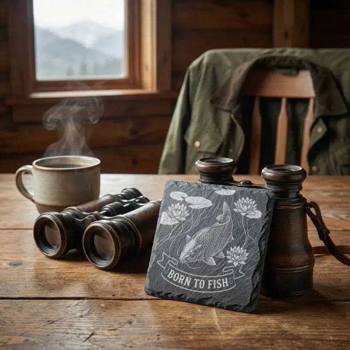 Schieferuntersetzer Karpfen „Born to Fish“ – Angler Geschenk in Verwendung