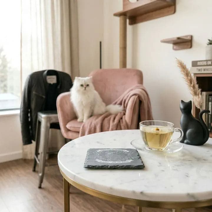 Schieferuntersetzer Katze Spruch „Alles was du brauchst“ in Verwendung