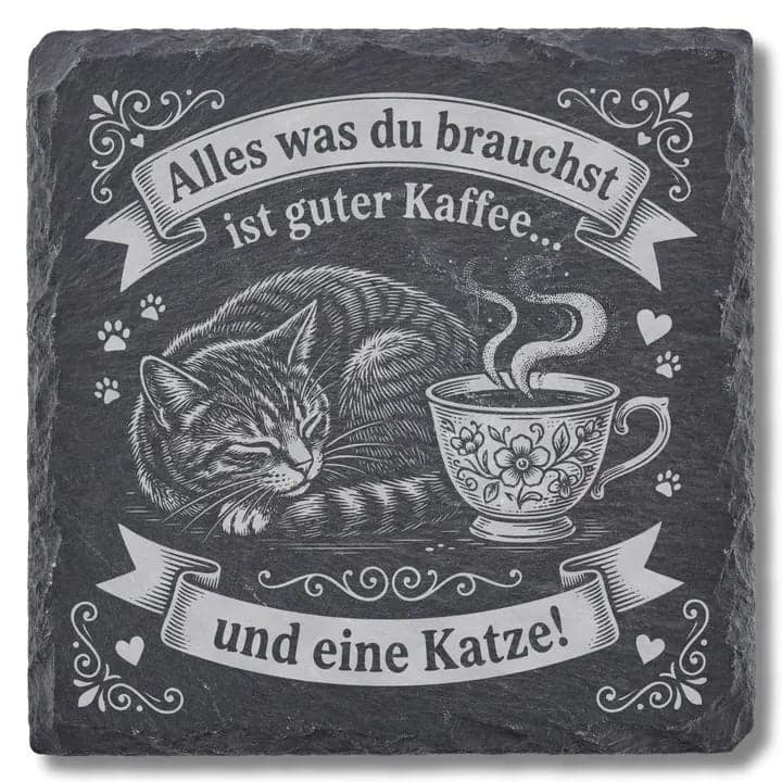 Schieferuntersetzer Spruch „Kaffee und Katze“ – Geschenk