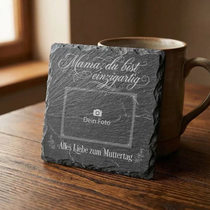 Schieferuntersetzer „Mama, du bist einzigartig“ – Foto Muttertag in Verwendung