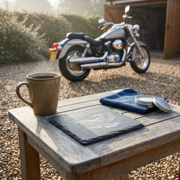 Schieferuntersetzer Motorrad Spruch «Kennt die Frage nicht» in Verwendung