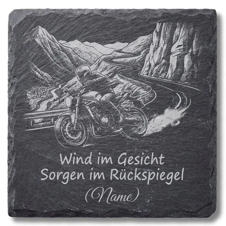 Schieferuntersetzer Motorrad Spruch „Wind im Gesicht“