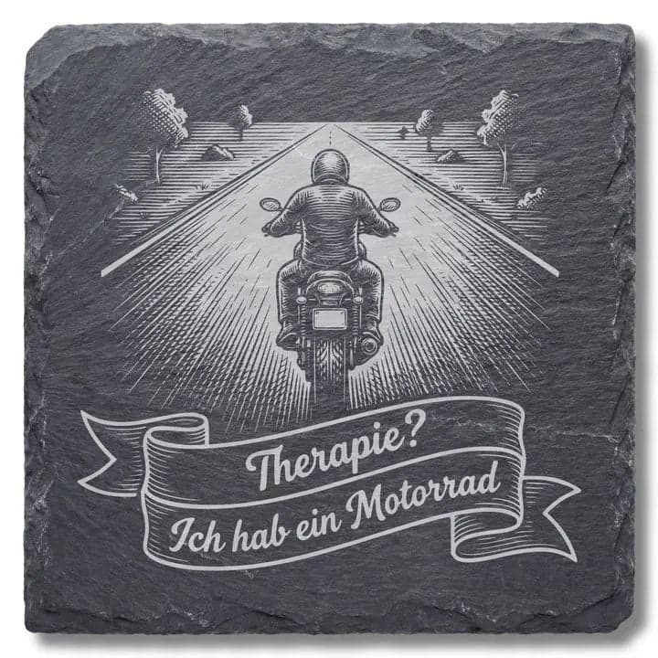 Schieferuntersetzer Motorrad Spruch „Therapie“ – Biker Geschenk