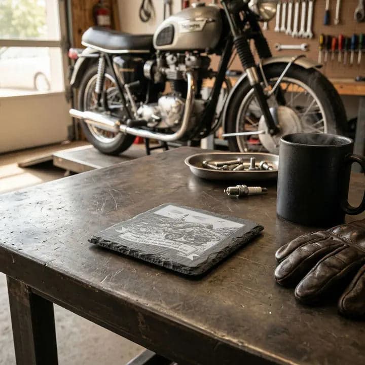 Schieferuntersetzer Biker Spruch Küstenstraße – Geschenk in Verwendung