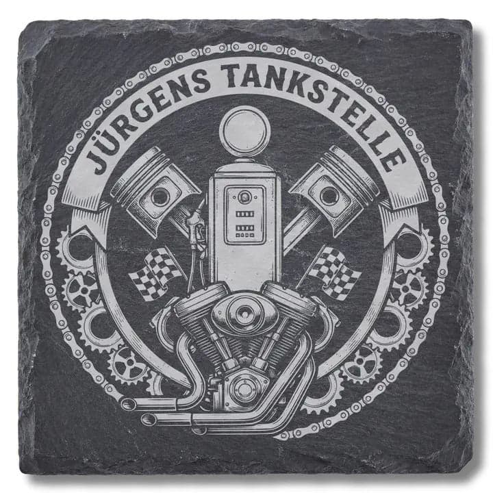 Schieferuntersetzer „Jürgens Tankstelle“ – Biker Garage