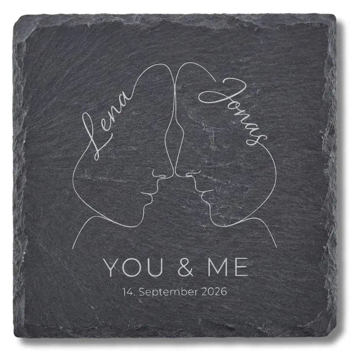 Schieferuntersetzer „You & Me“ Line Art – Hochzeit Paar