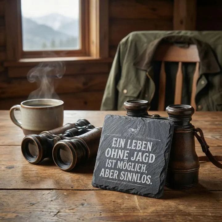 Schieferuntersetzer Jagd Spruch „Ohne Jagd sinnlos“ Rehbock in Verwendung
