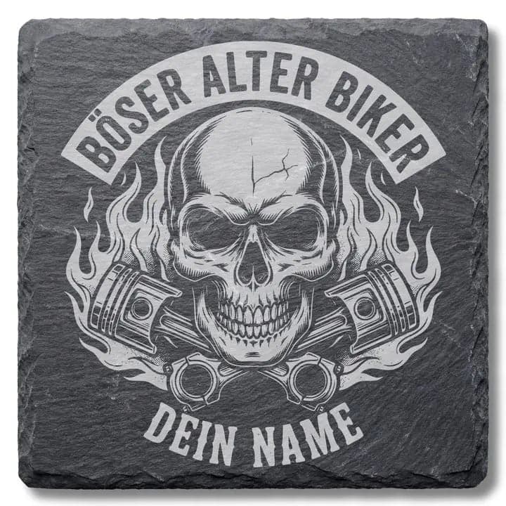 Schieferuntersetzer „Böser Alter Biker“ – Geschenk Motorrad