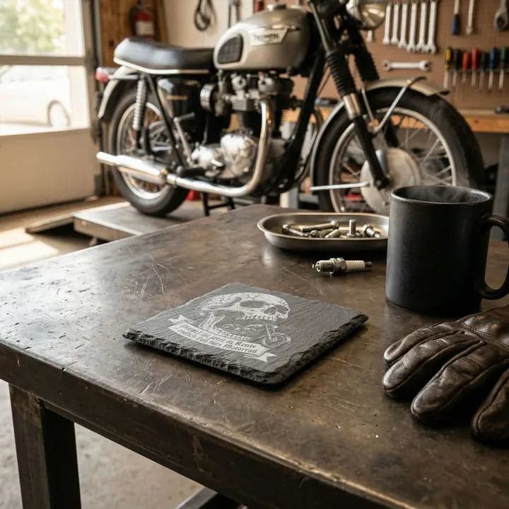 Schieferuntersetzer Rente Motorrad Spruch – Biker Geschenk in Verwendung