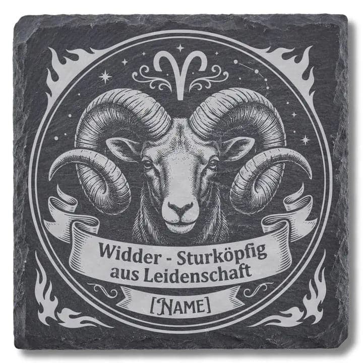Schieferuntersetzer Widder „Sturköpfig aus Leidenschaft“