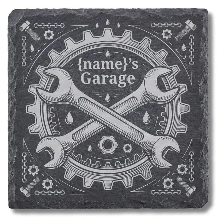 Schieferuntersetzer „Name's Garage“ – Geschenk Biker