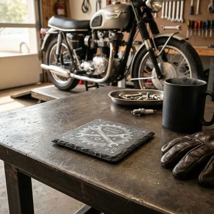 Schieferuntersetzer „Name's Garage“ – Geschenk Biker in Verwendung