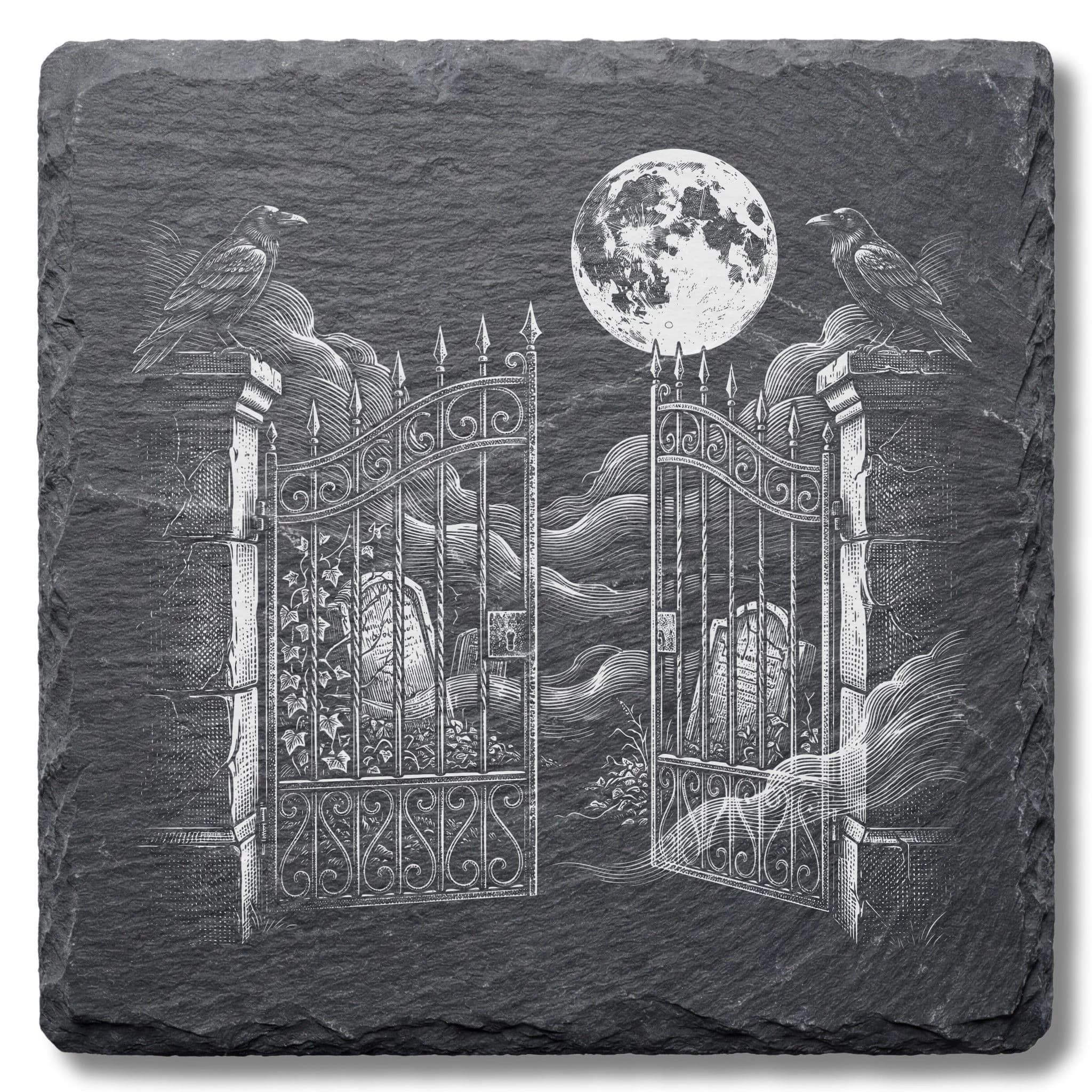 Gothic Schieferuntersetzer – Friedhofstor im Vollmond