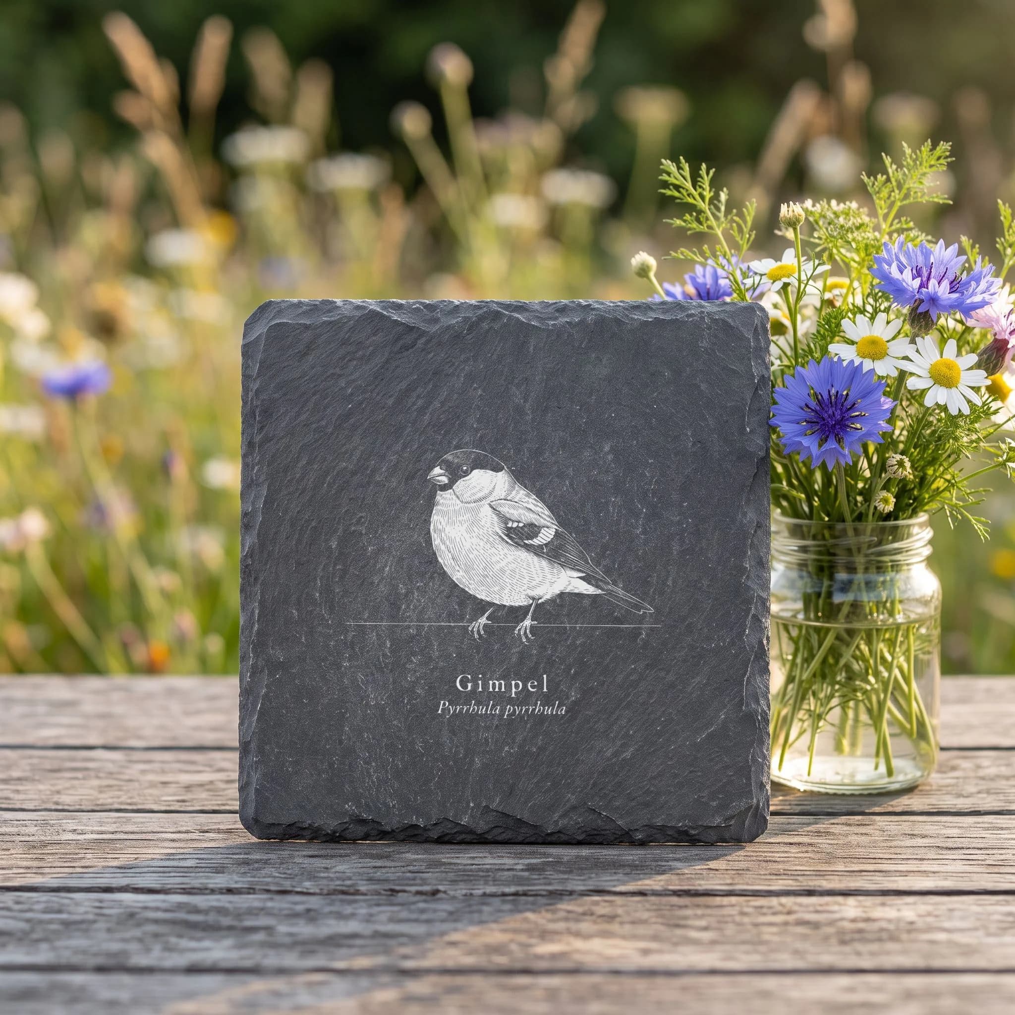 Dompfaff – Gimpel als Vogel-Tafel auf Schieferuntersetzer, graviert in Verwendung
