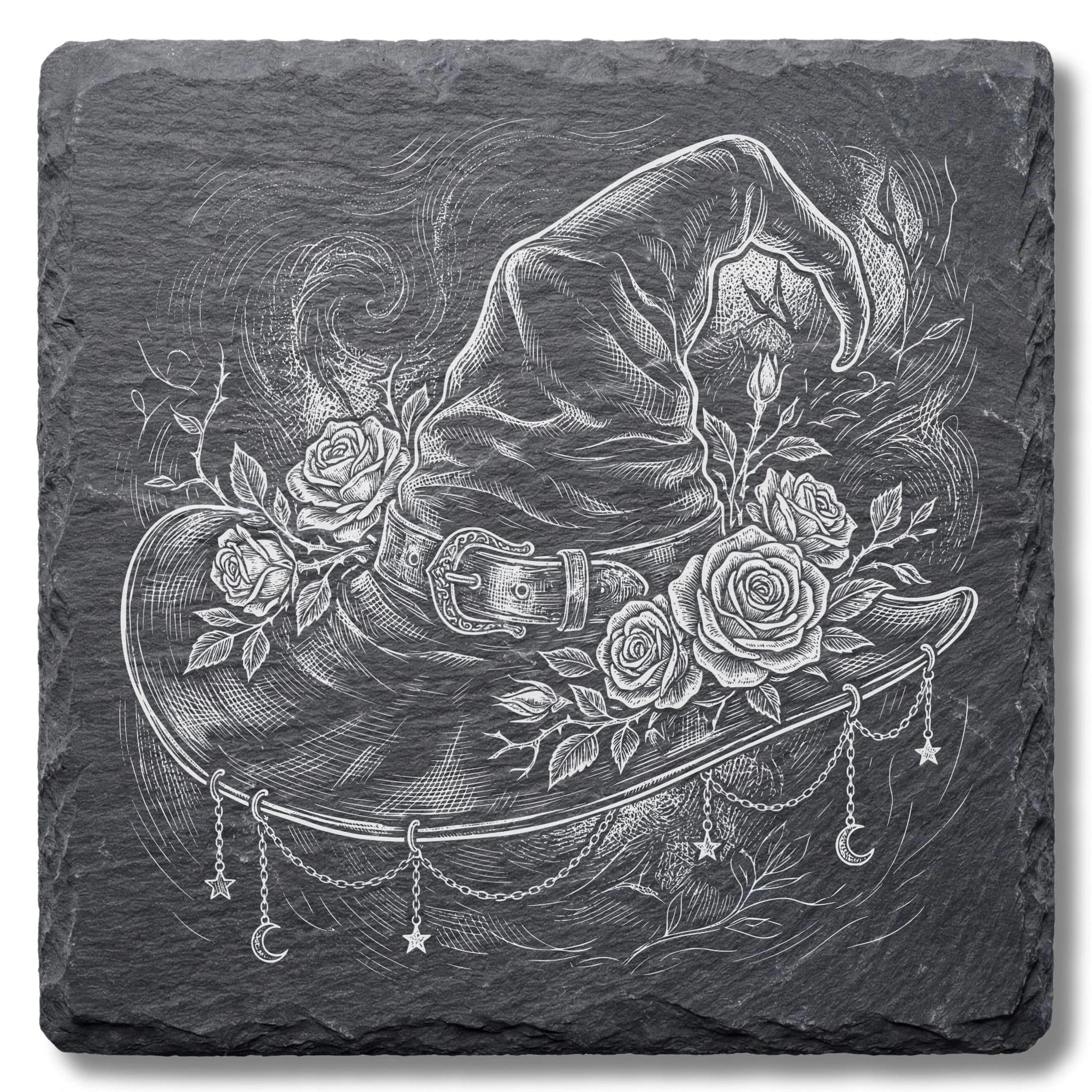 Hexenhut Deko – Hut mit Rosen und Mond auf Schiefer