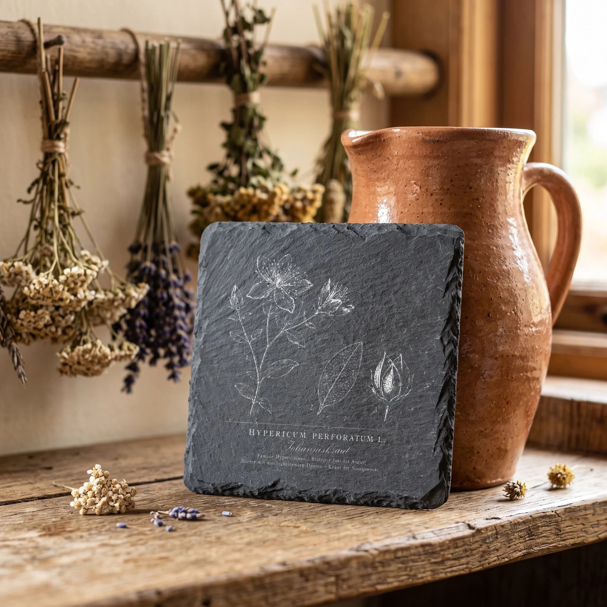 Geschenk für Gärtnerin – Johanniskraut-Tafel auf Schieferuntersetzer in Verwendung