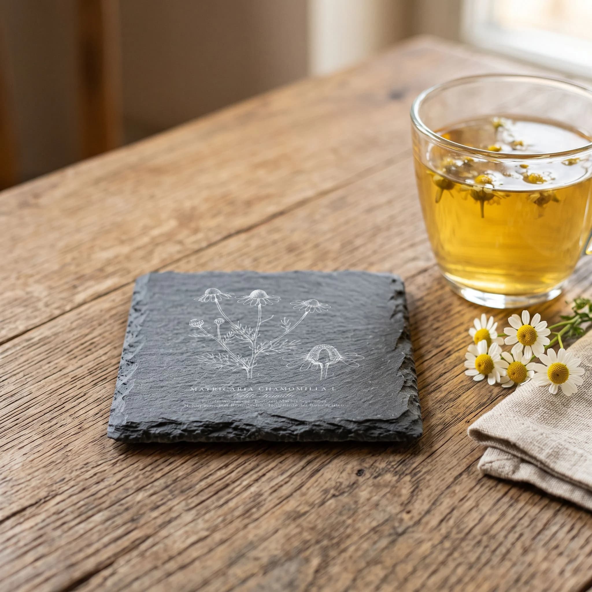 Tee-Geschenk – Echte Kamille als Flora-Tafel auf Schieferuntersetzer in Verwendung