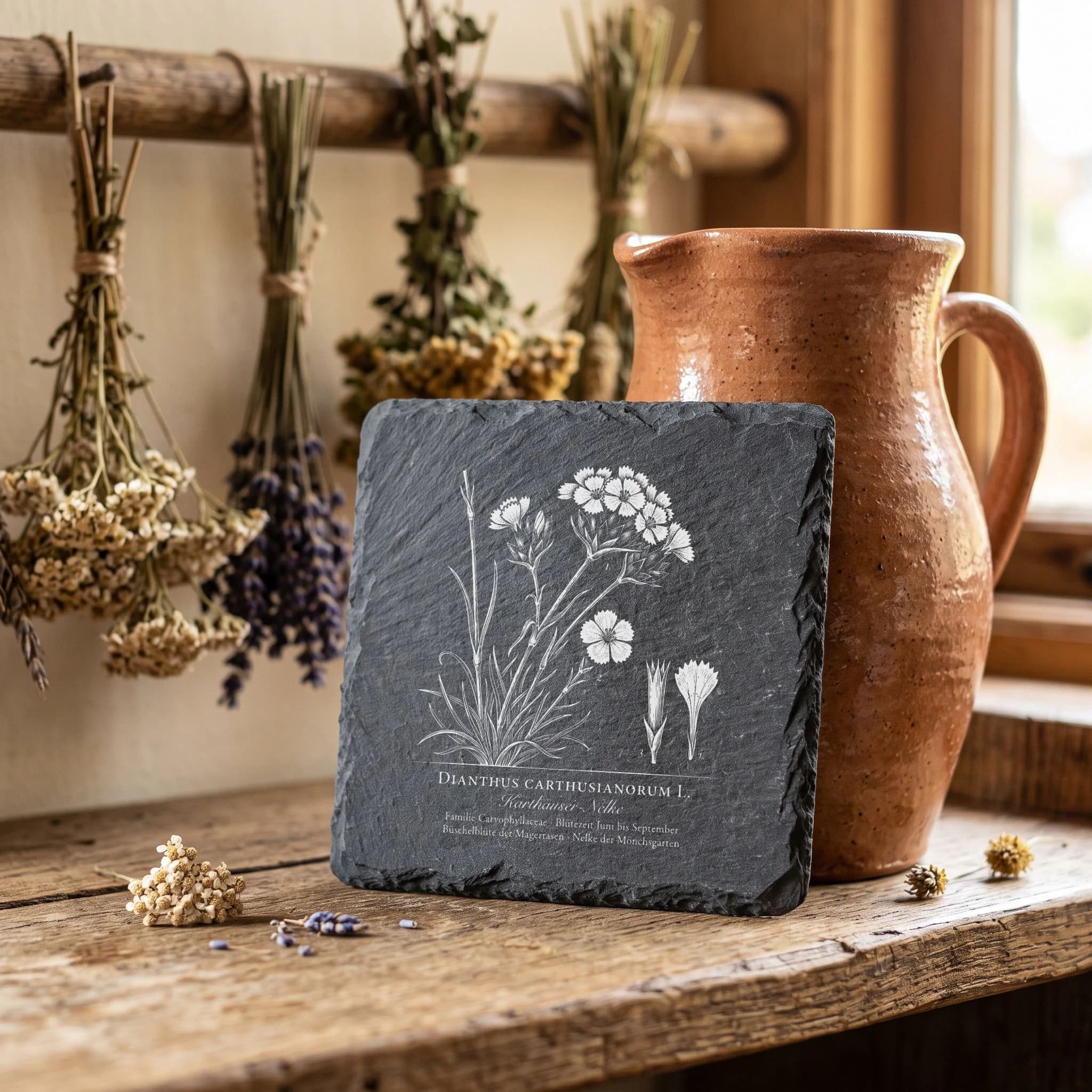 Geschenk für Gärtnerin – Karthäuser-Nelke als Flora-Tafel auf Schiefer in Verwendung