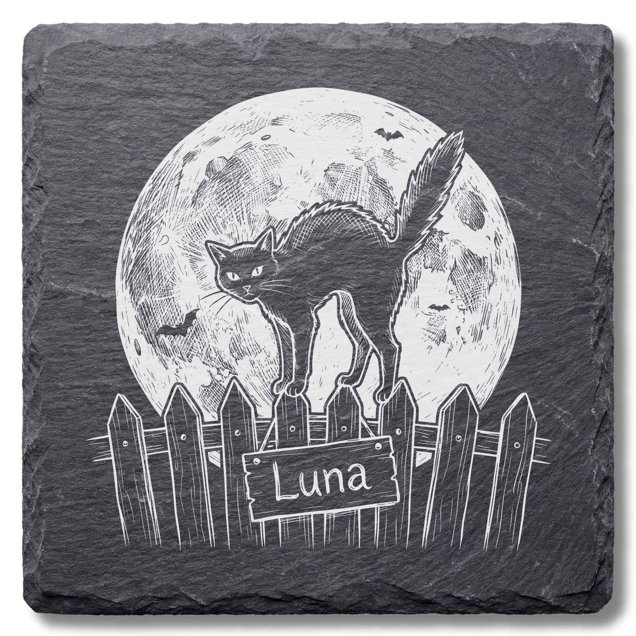 Schwarze Katze Schieferuntersetzer – Vollmond | mit Wunschnamen