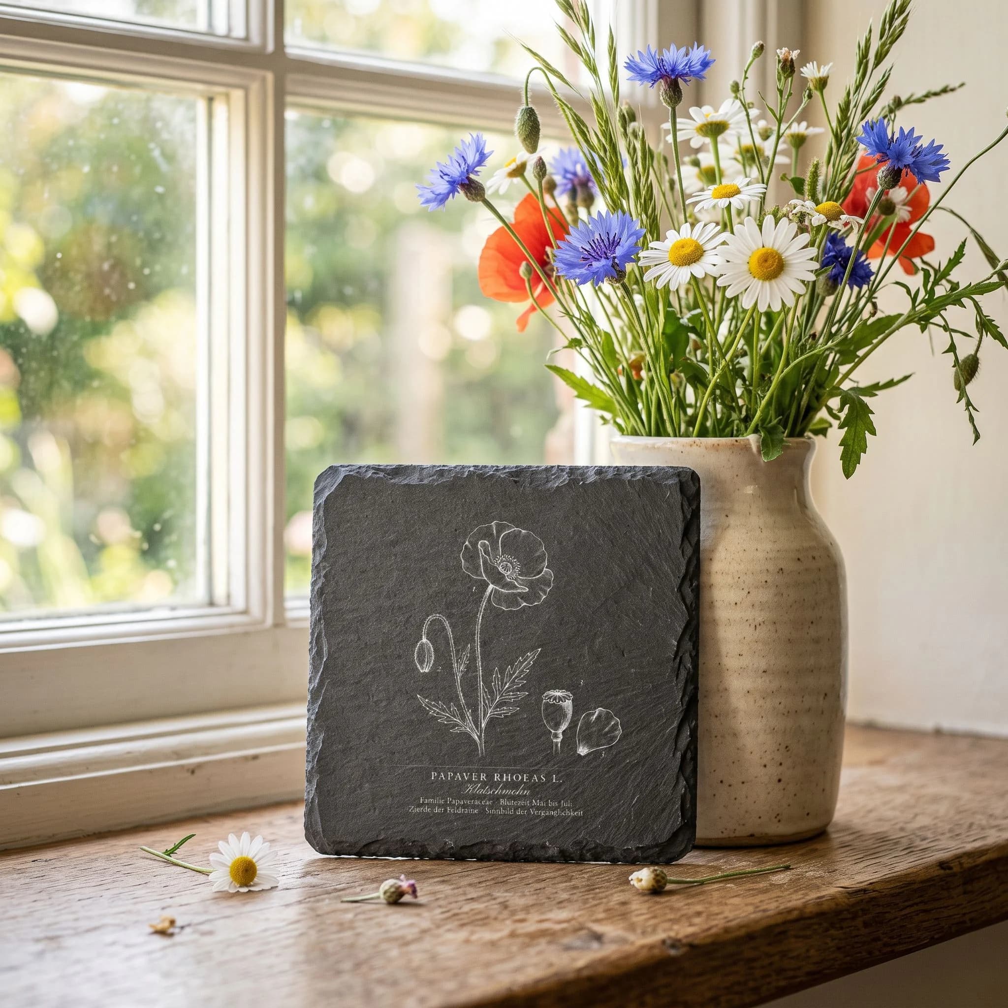 Geschenk für Gärtner – Klatschmohn-Tafel auf Schieferuntersetzer in Verwendung