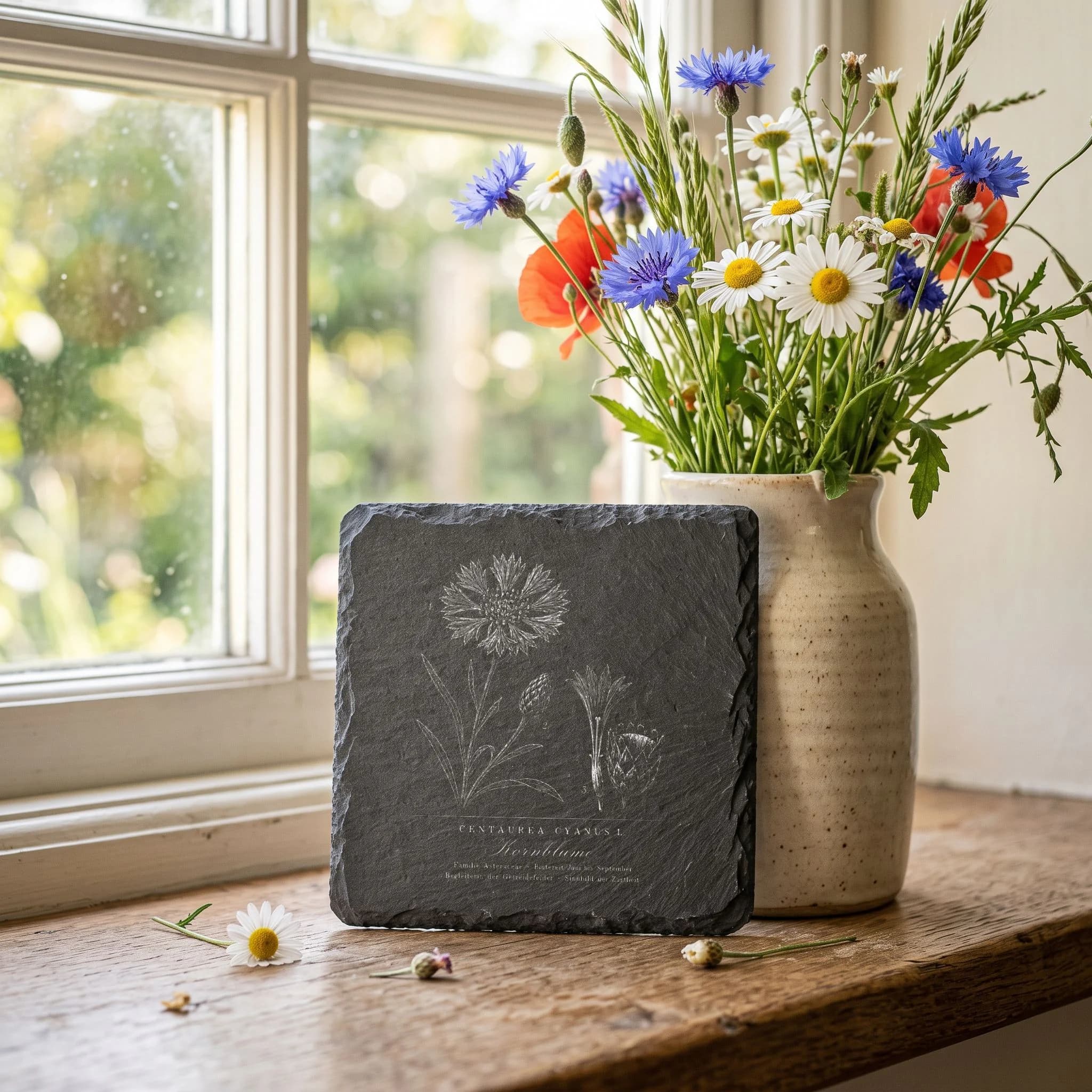 Geschenk für Hobbygärtner – Kornblumen-Tafel auf Schieferuntersetzer in Verwendung