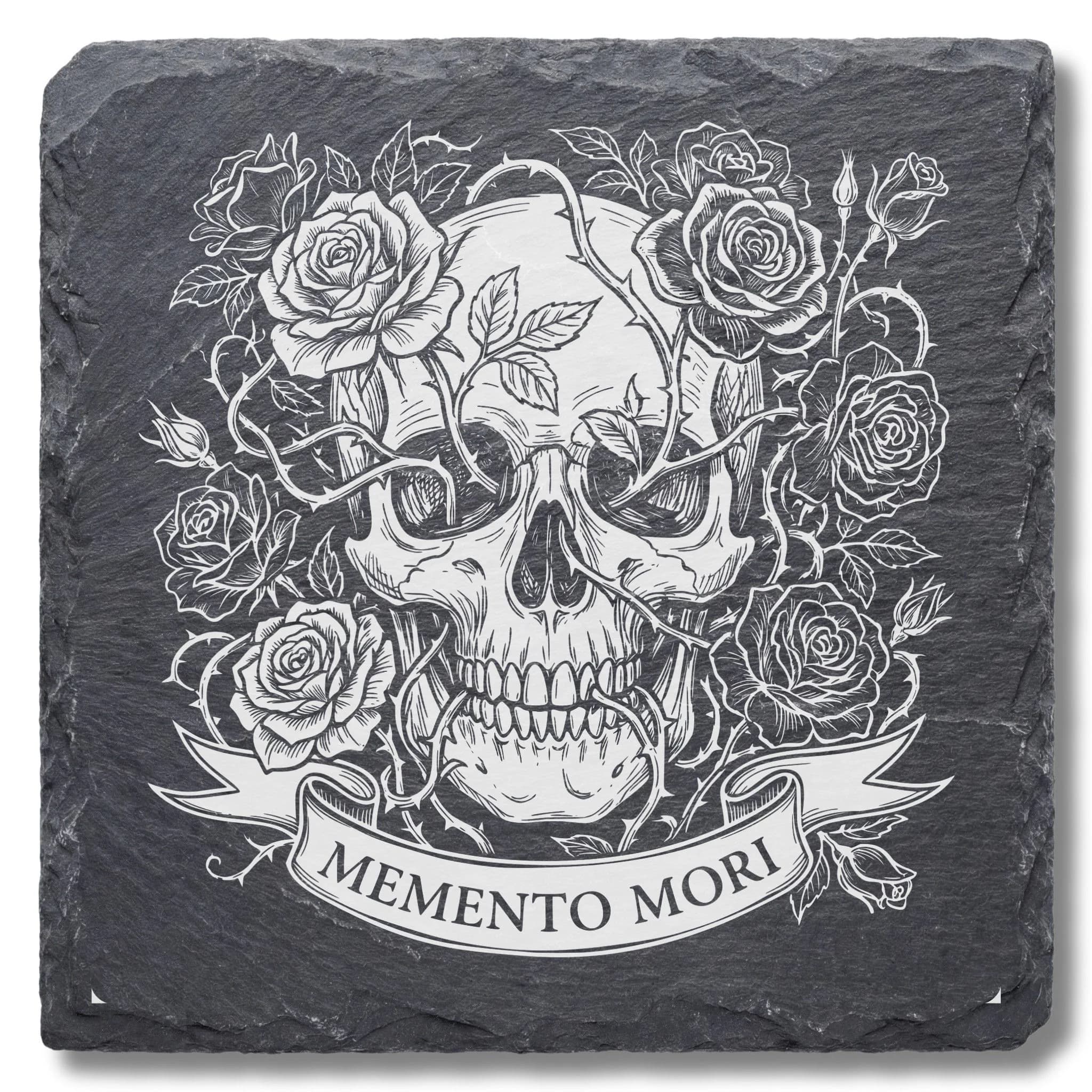 Memento Mori Schieferuntersetzer – Schädel & Rosen Gravur