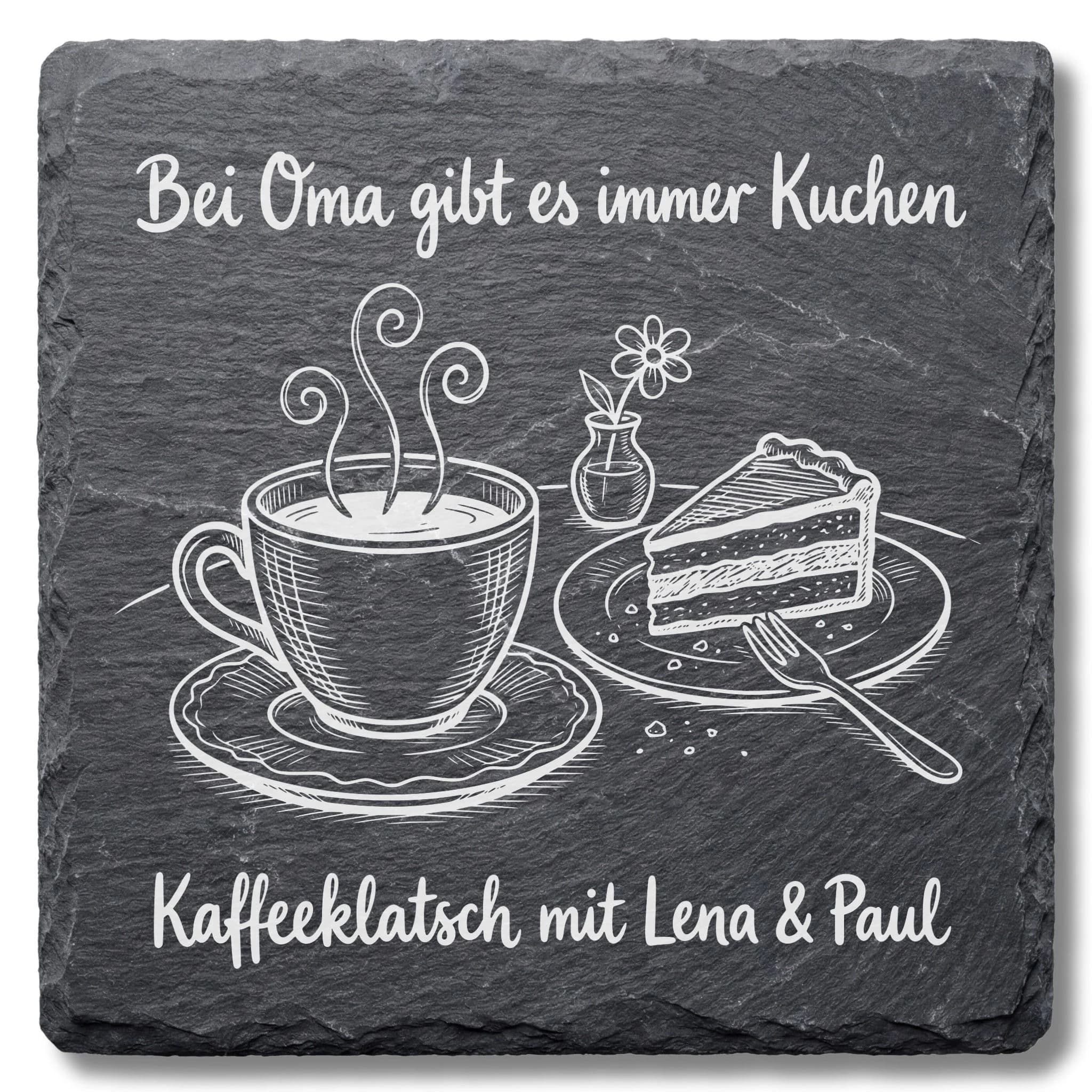 Oma Schieferuntersetzer – Bei Oma gibt es immer Kuchen | mit Namen
