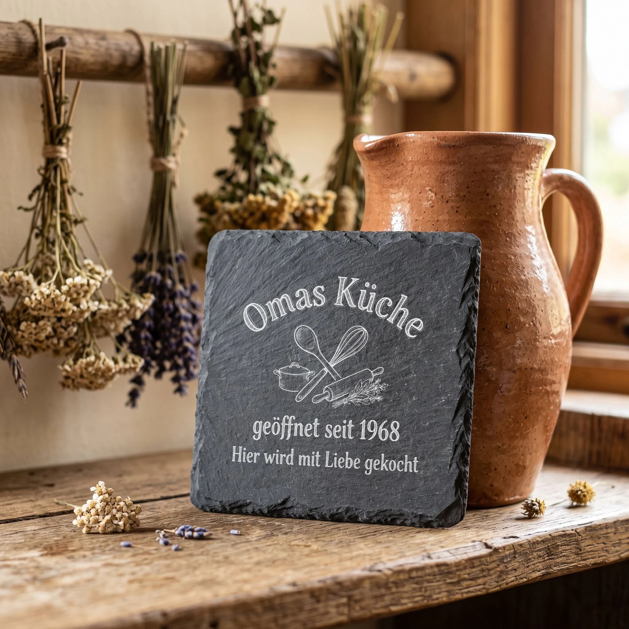 Omas Küche Schieferuntersetzer – Hier wird mit Liebe gekocht in Verwendung