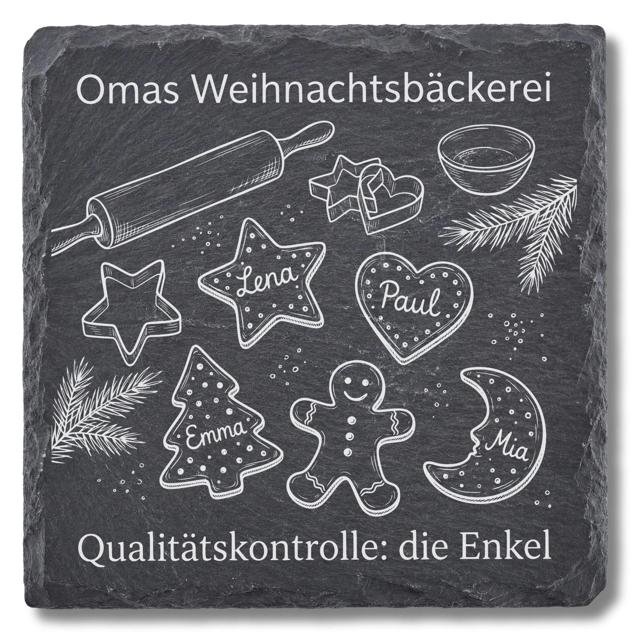 Omas Weihnachtsbäckerei – Schieferuntersetzer mit Enkelnamen