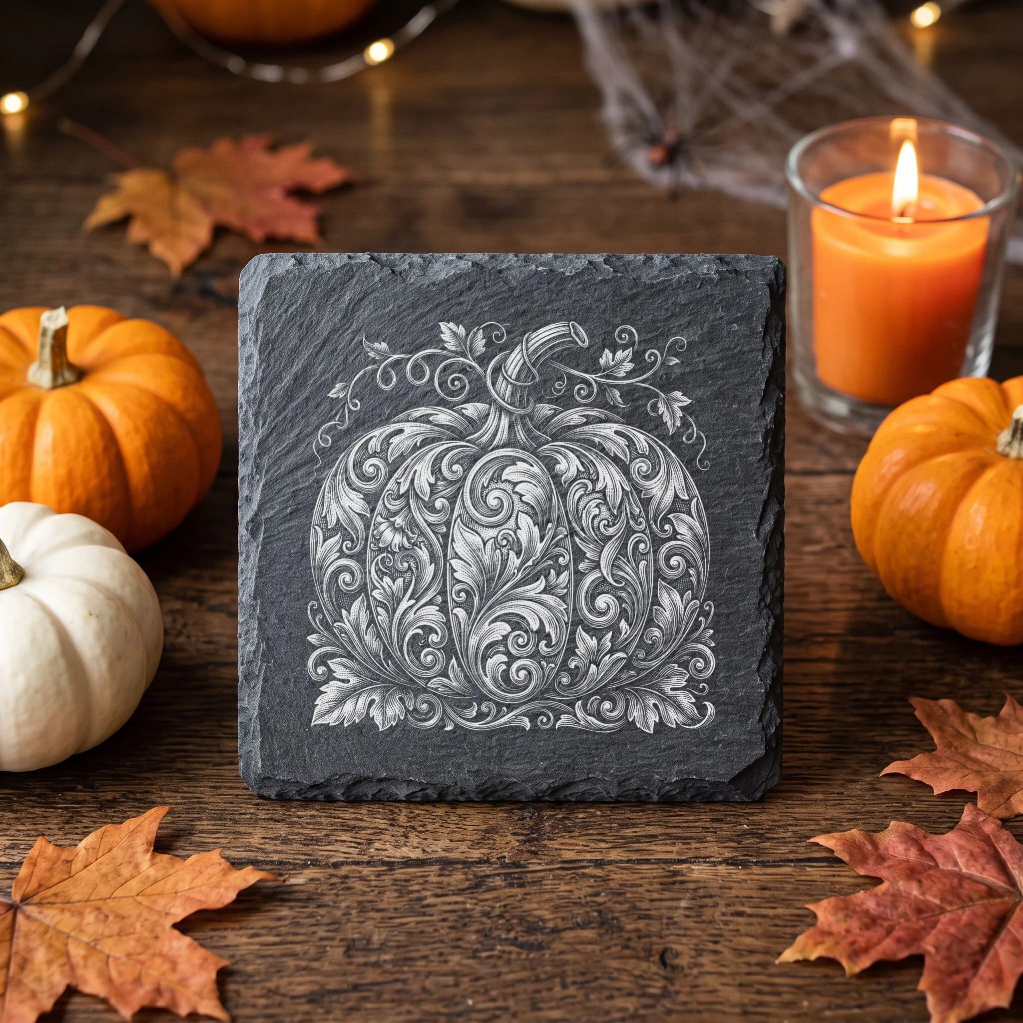 Gothic Schieferuntersetzer – Ornament-Kürbis Gravur in Verwendung