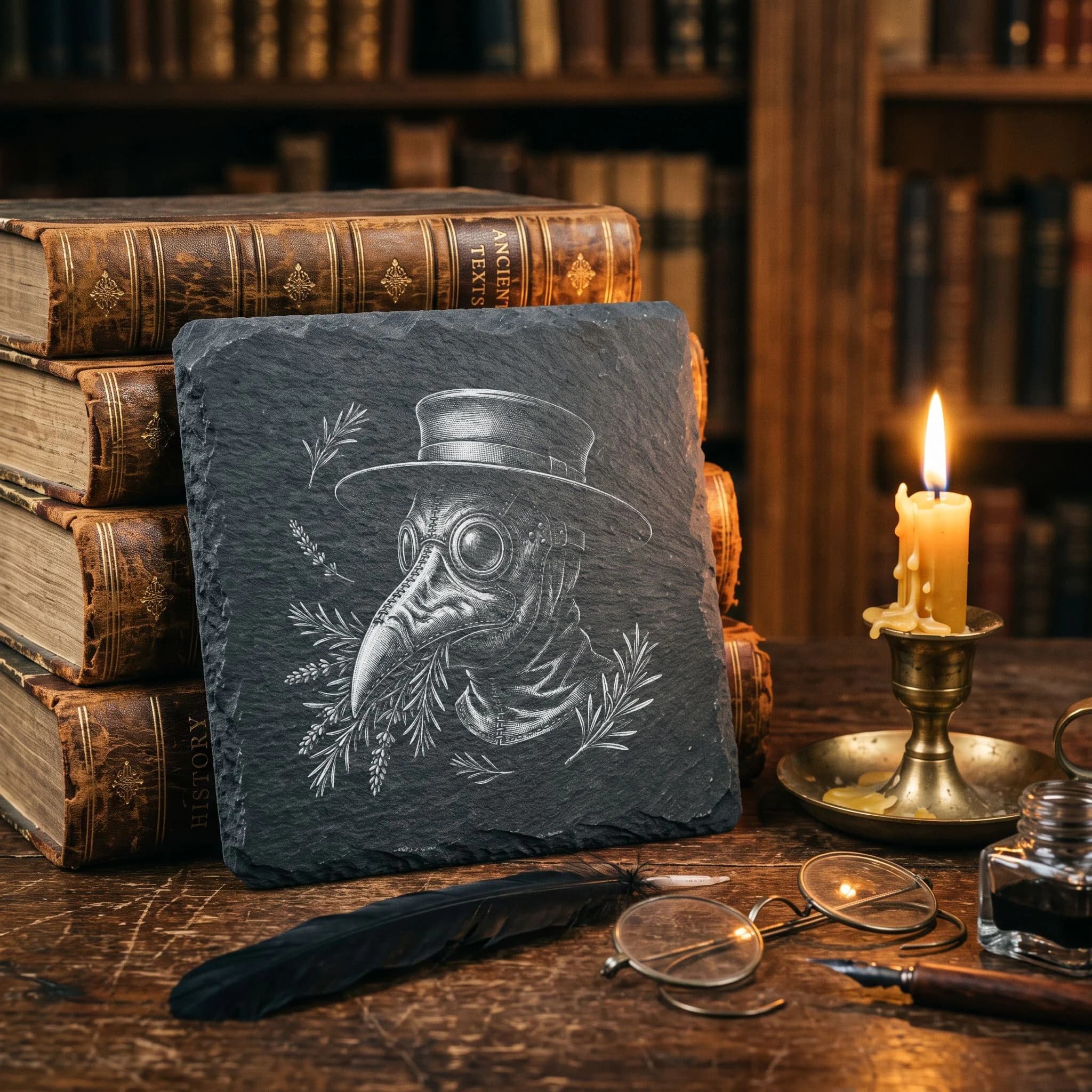 Gothic Geschenk – Pestdoktor-Maske graviert auf Schiefer in Verwendung