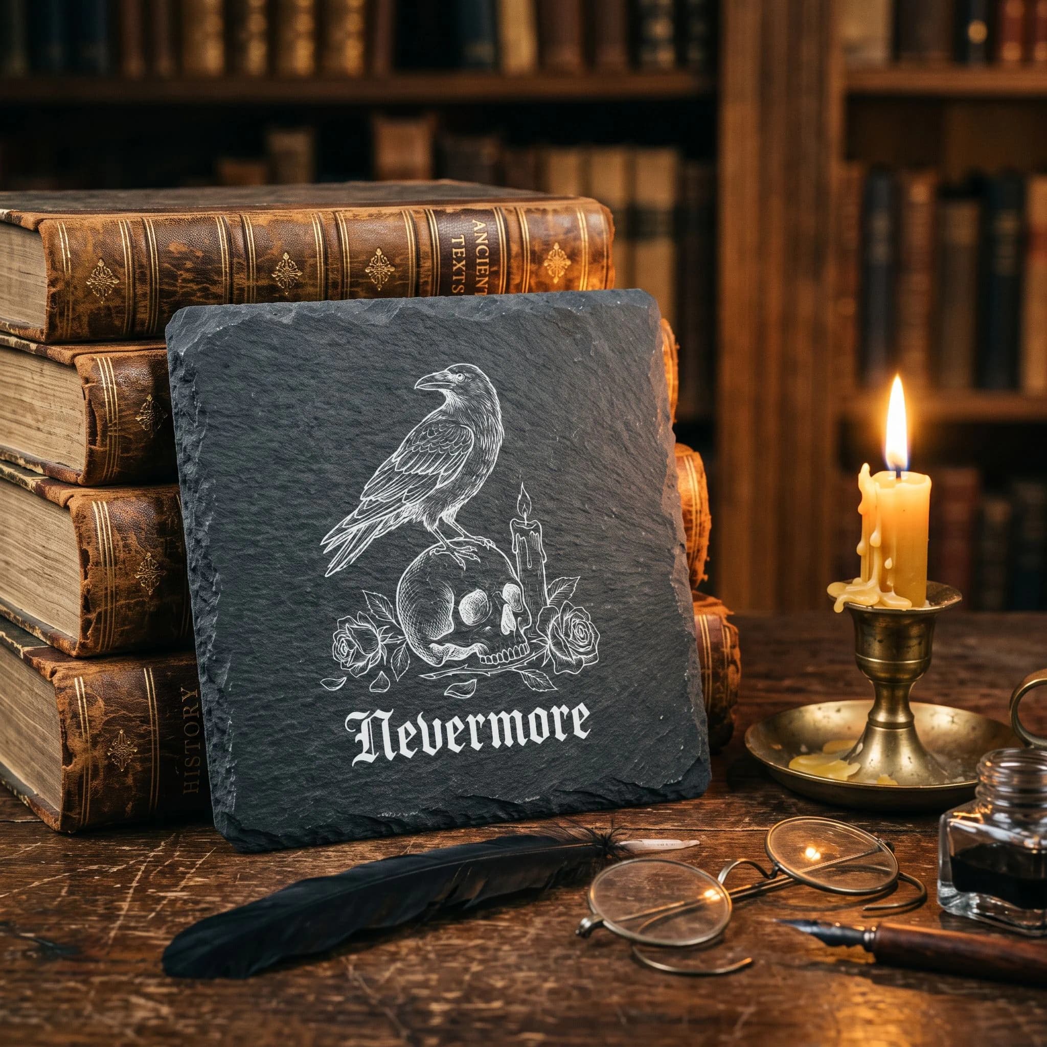 Gothic Schieferuntersetzer – Rabe auf Totenschädel | Nevermore in Verwendung