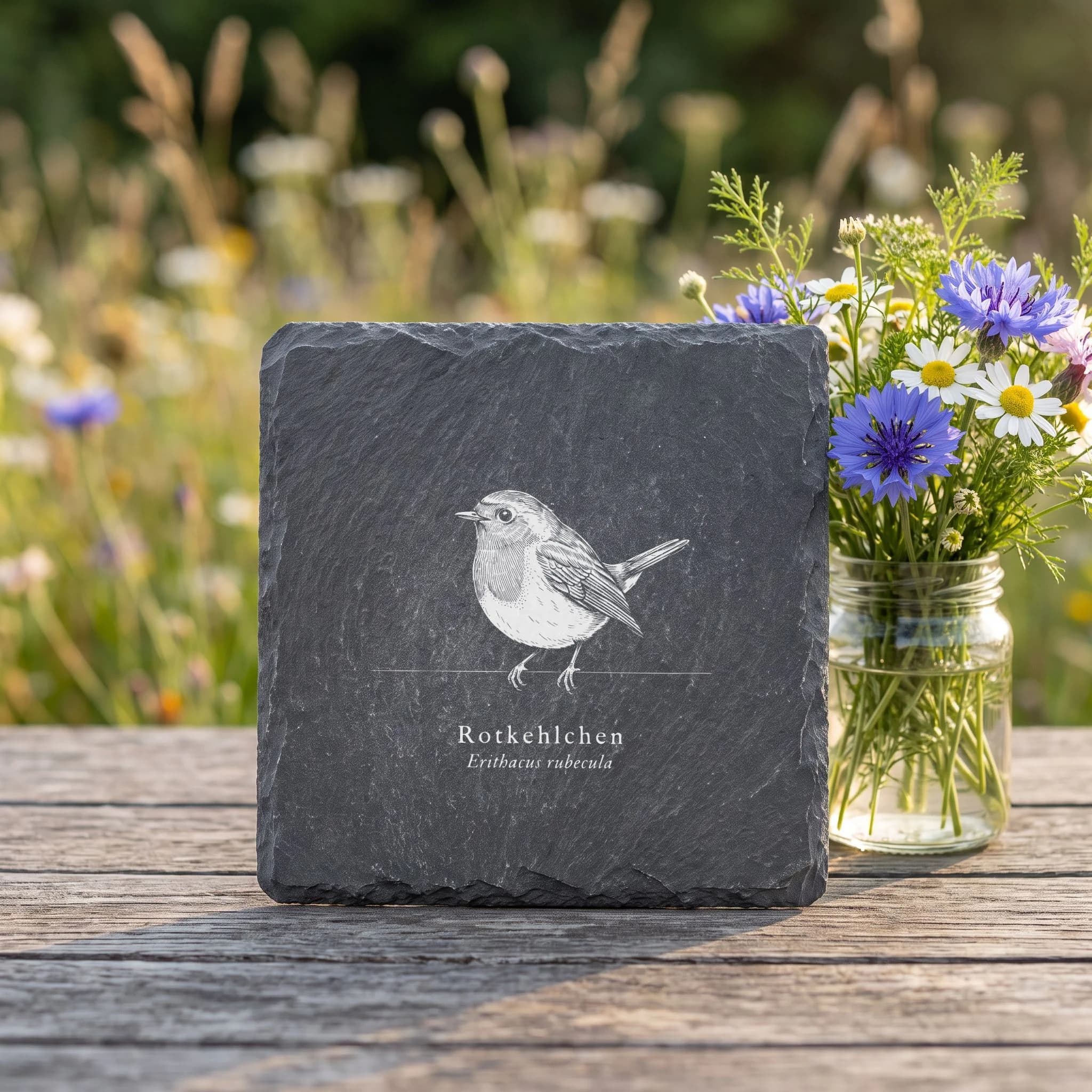 Rotkehlchen Deko – Vogel-Tafel auf Schieferuntersetzer, graviert in Verwendung