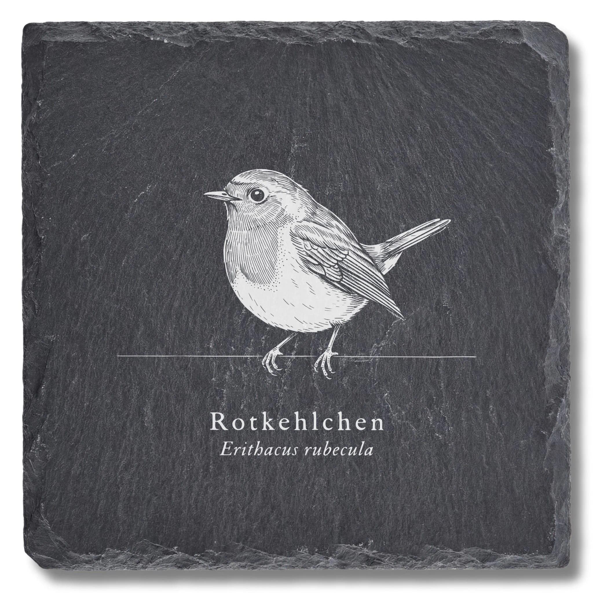 Rotkehlchen Deko – Vogel-Tafel auf Schieferuntersetzer, graviert