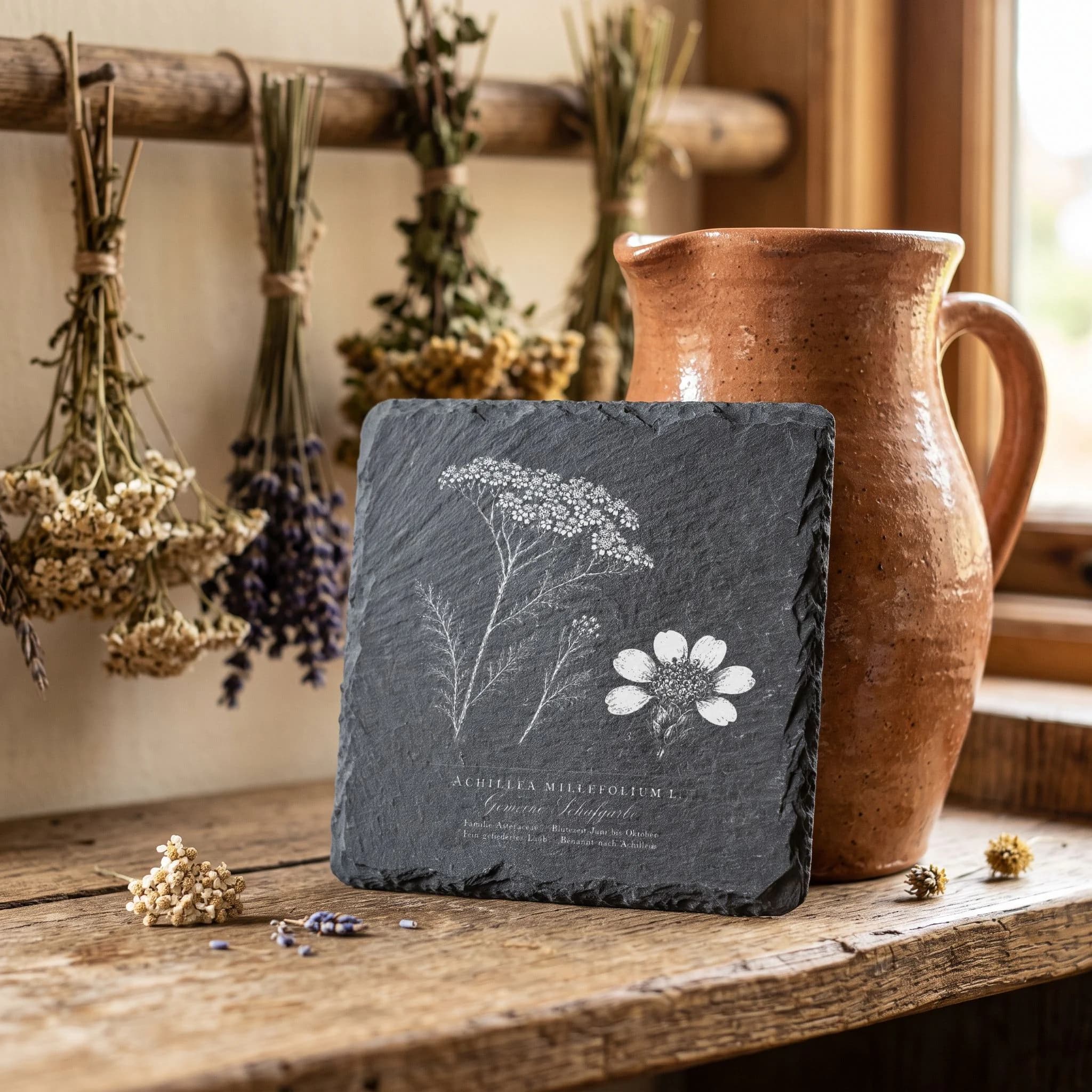 Botanische Zeichnung Schafgarbe – Flora-Tafel auf Schieferuntersetzer in Verwendung