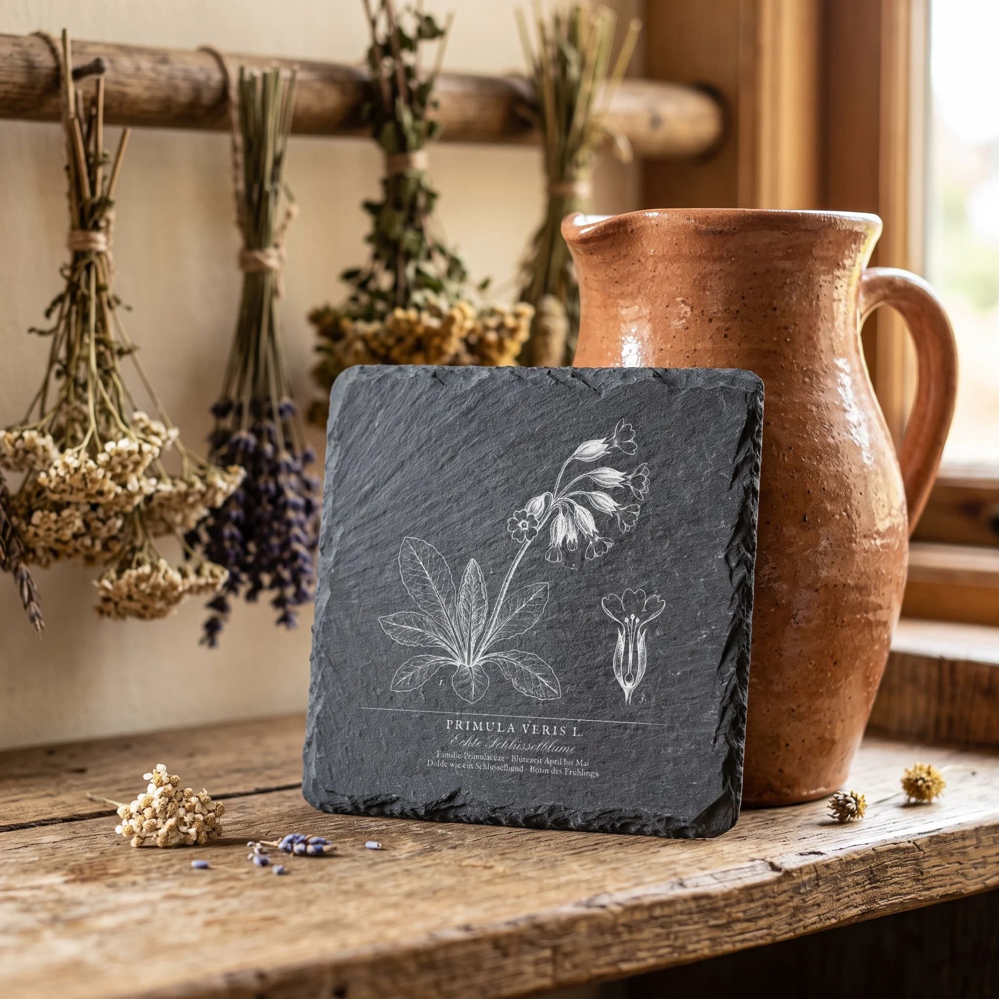 Geschenk für Gärtner – Schlüsselblumen-Tafel auf Schieferuntersetzer in Verwendung