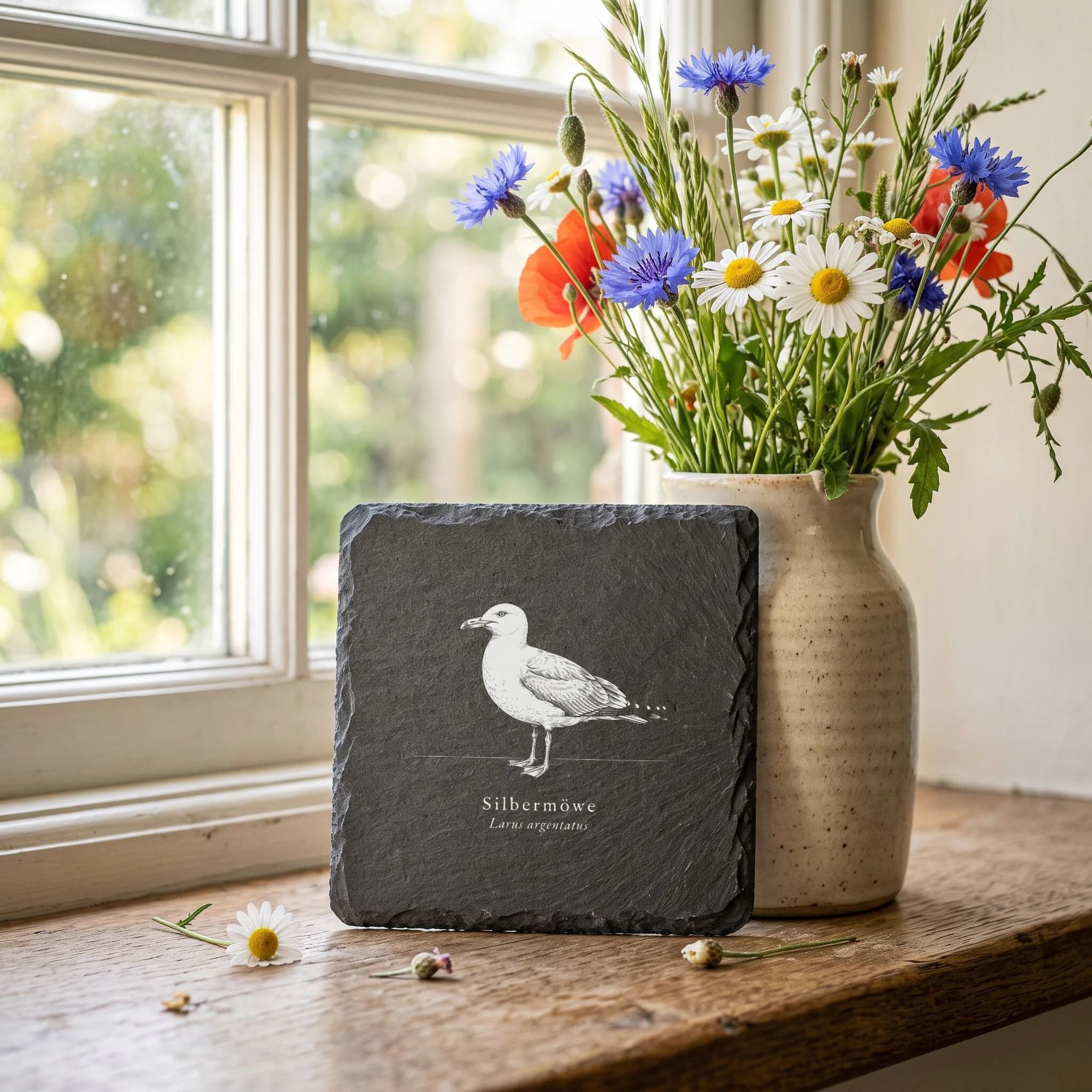 Möwe Deko: Silbermöwe als Vogel-Tafel auf Schieferuntersetzer in Verwendung