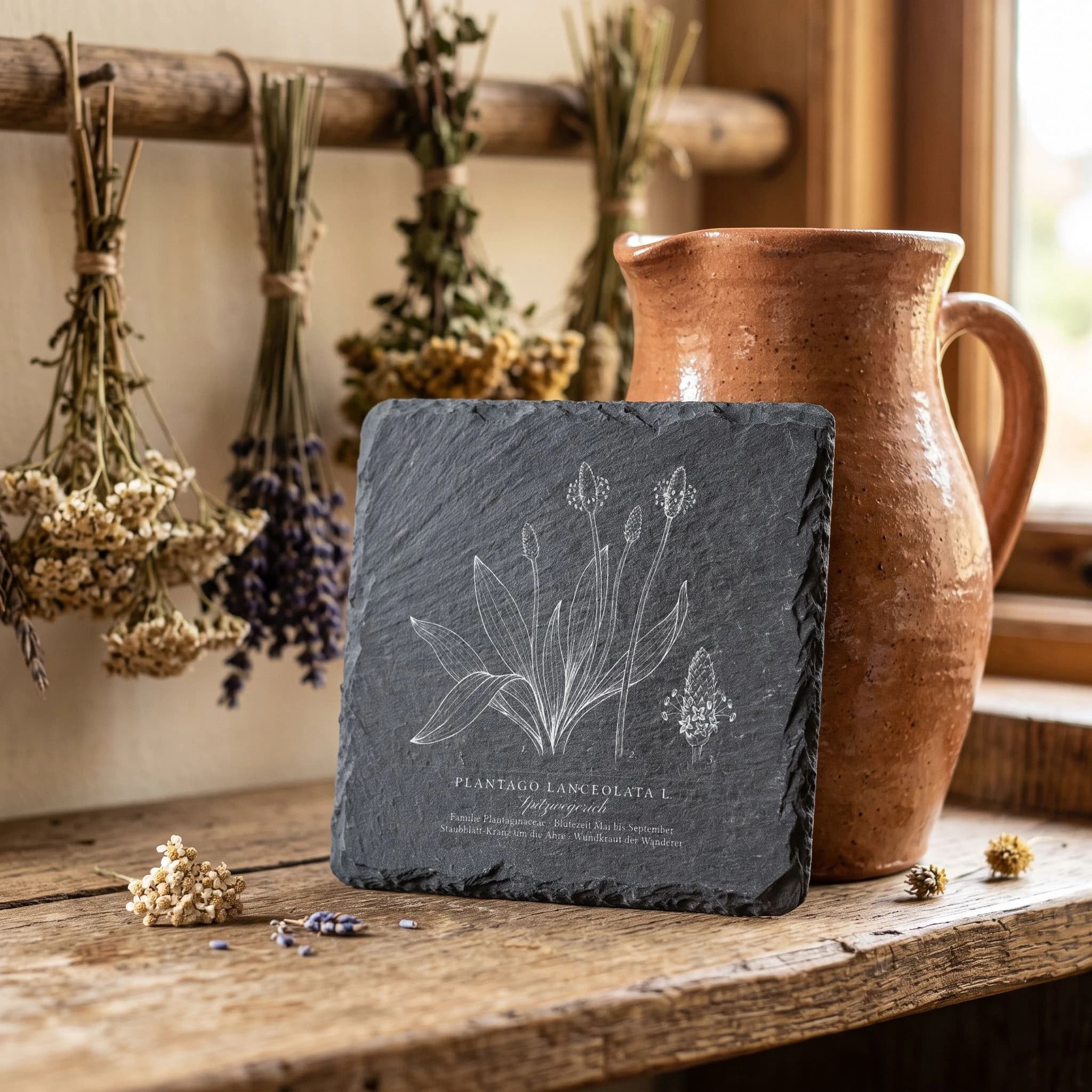 Botanische Illustration Spitzwegerich – Tafel auf Schieferuntersetzer in Verwendung