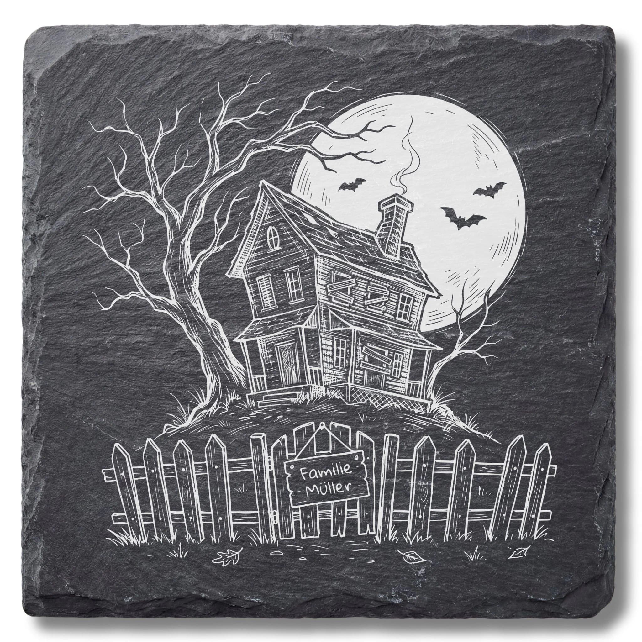 Halloween Spukhaus Untersetzer aus Schiefer – mit Familiennamen