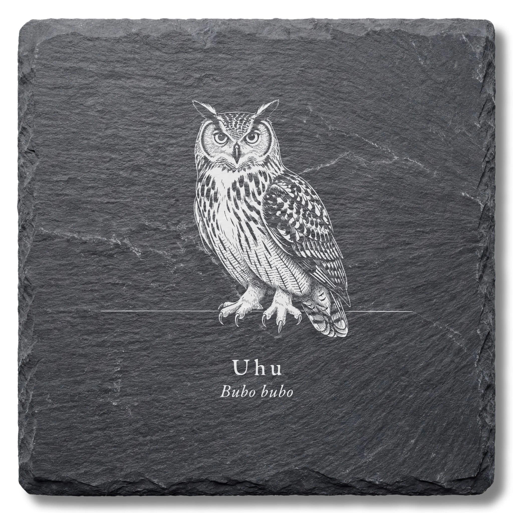 Eule als Geschenk: Uhu als Vogel-Tafel auf Schieferuntersetzer