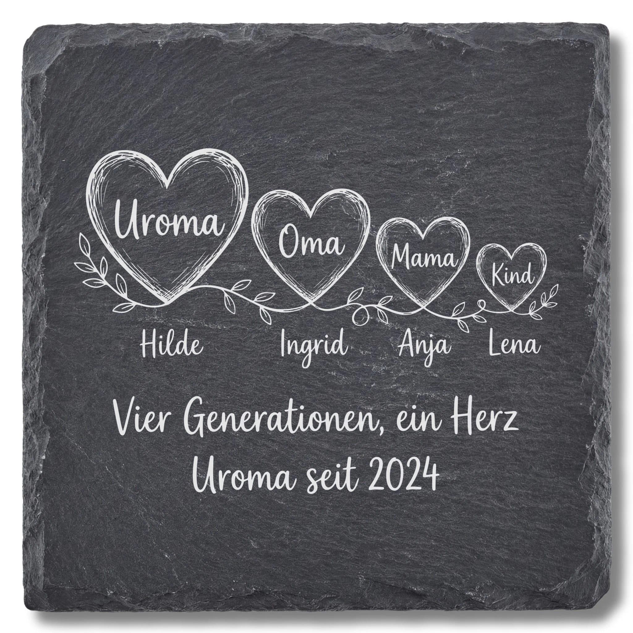 Uroma Schieferuntersetzer – Vier Generationen, ein Herz | mit Namen