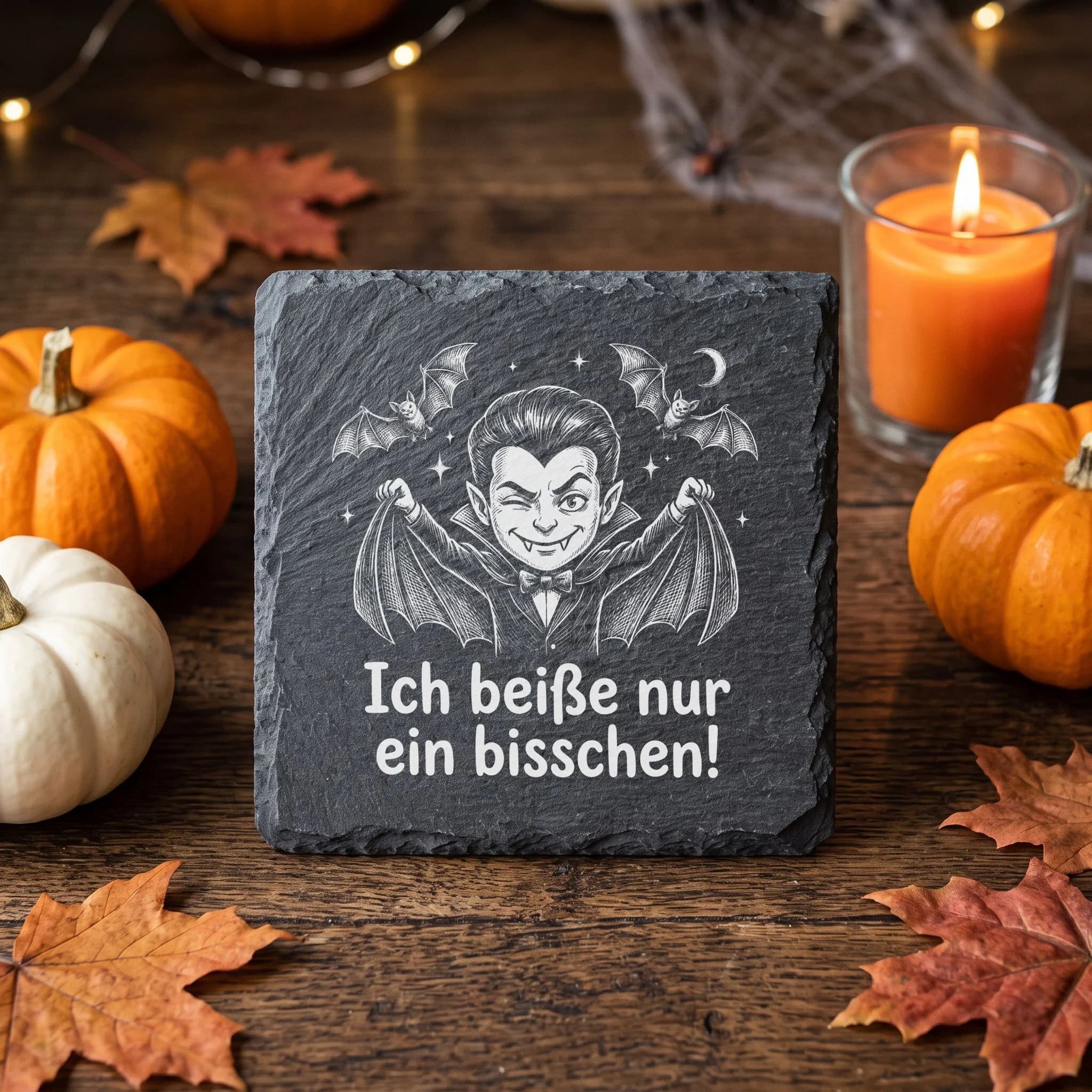 Halloween Untersetzer Vampir – Ich beiße nur ein bisschen | Schiefer in Verwendung