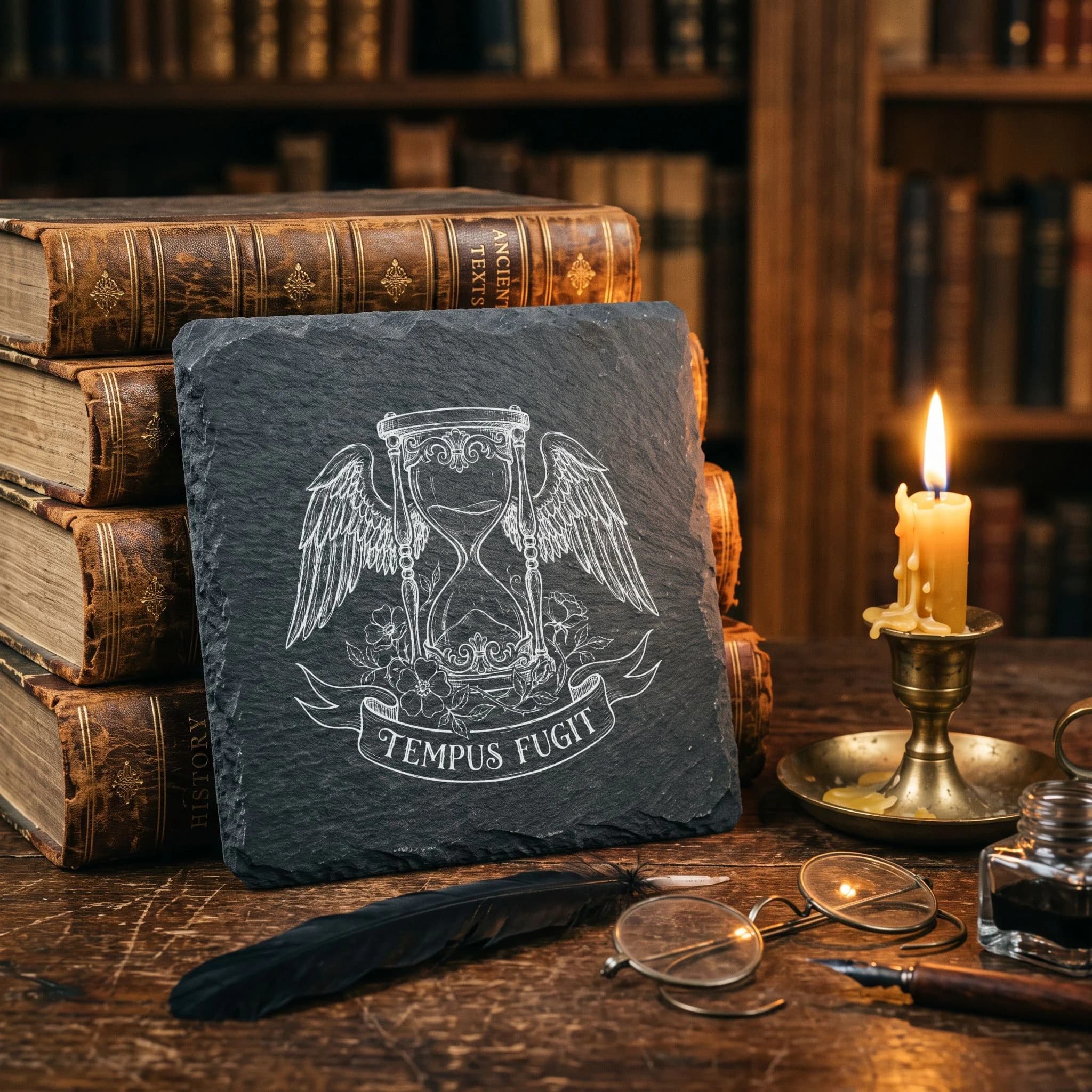 Gothic Schieferuntersetzer – Sanduhr „Tempus Fugit“ in Verwendung