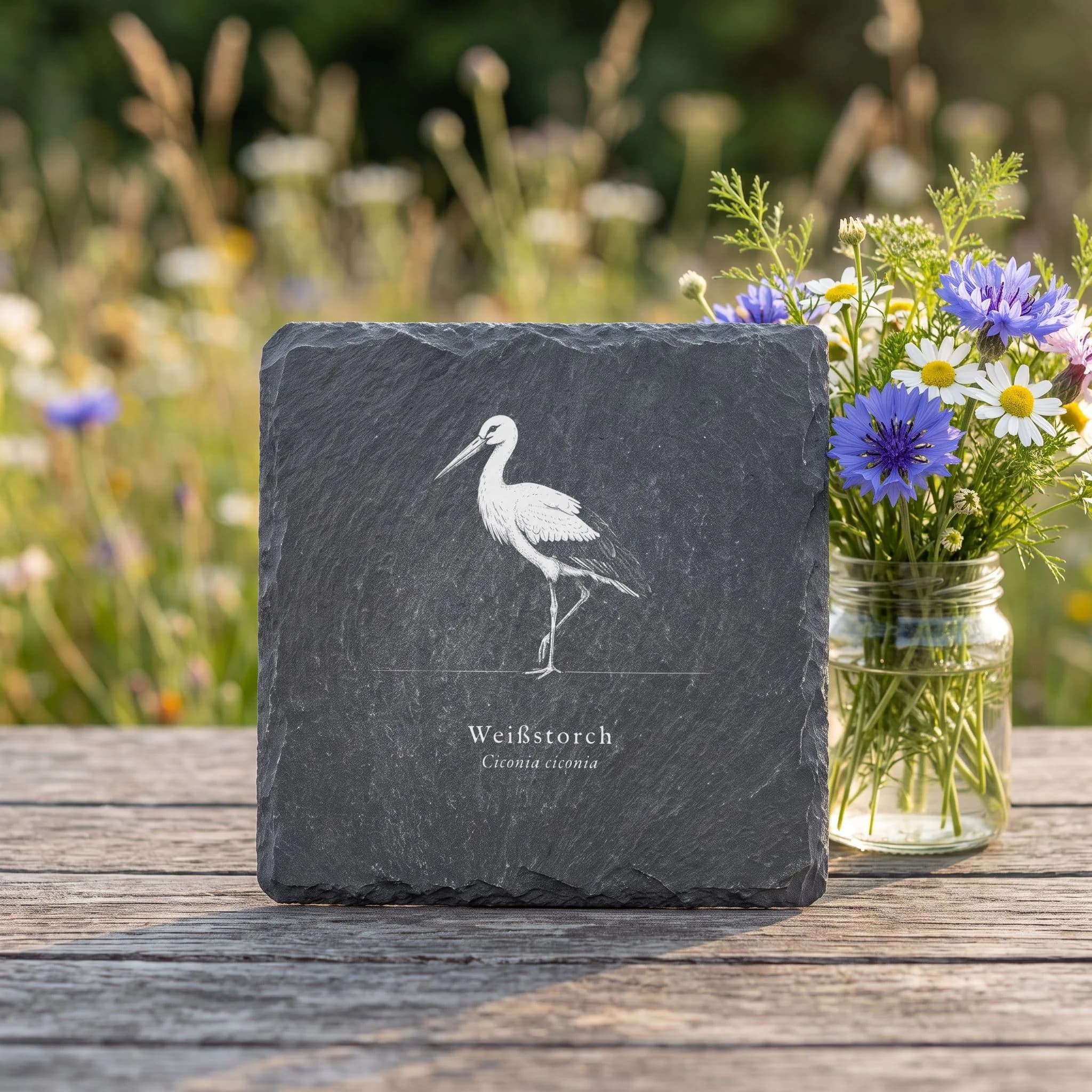 Storch Deko: Weißstorch als Vogel-Tafel auf Schieferuntersetzer in Verwendung