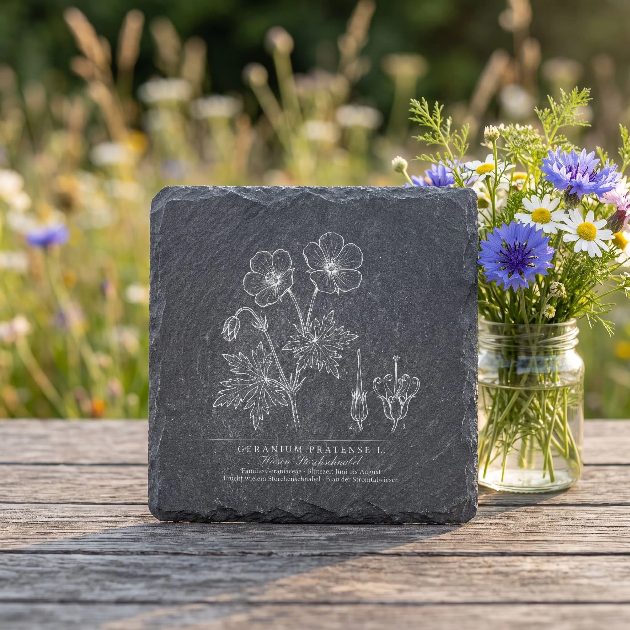 Geschenk für Gärtner – Storchschnabel-Tafel auf Schieferuntersetzer in Verwendung