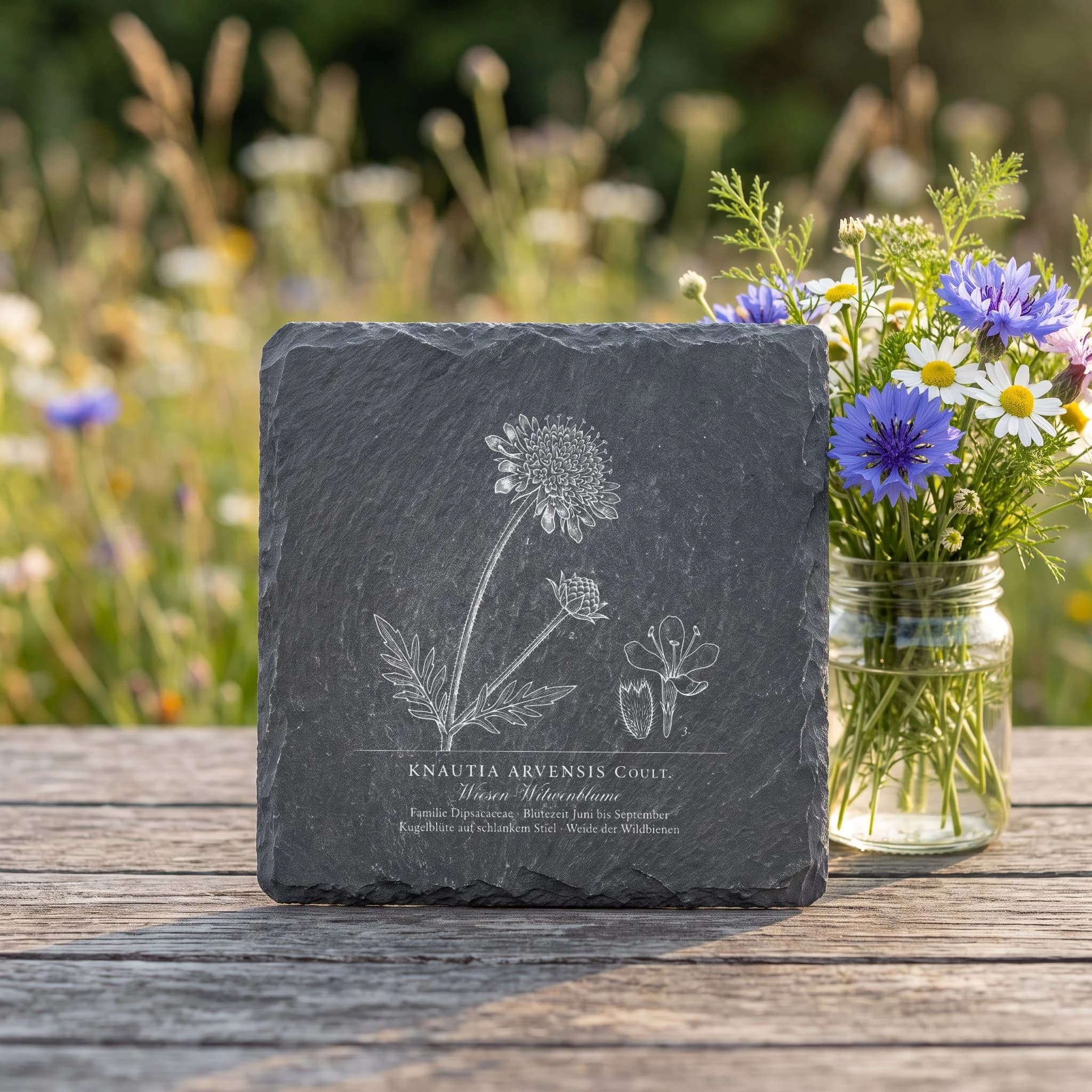 Botanische Illustration Witwenblume – Flora-Tafel auf Schiefer in Verwendung